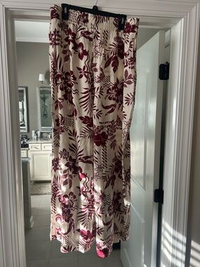 Cream Maxi Skirt with Burgundy Tropical Print